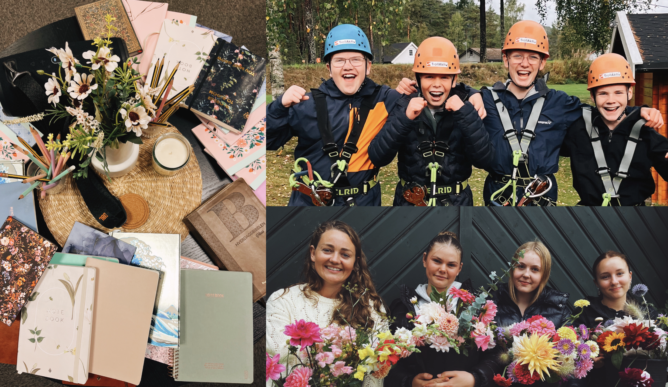 Konfirmantar, notatbøker og blomar